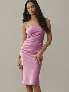 Anthropologie Bhldn Emery Square-Neck Stretch Satin Midi Dress, Orchid, XXS